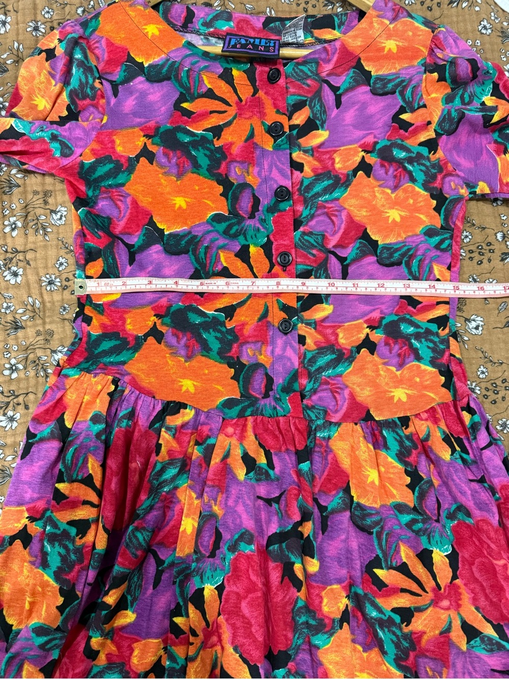 Vintage 80s 90s NWT Floral Babydoll Dress Tunic Cotton Drop Waist Button Up - Picture 8 of 10